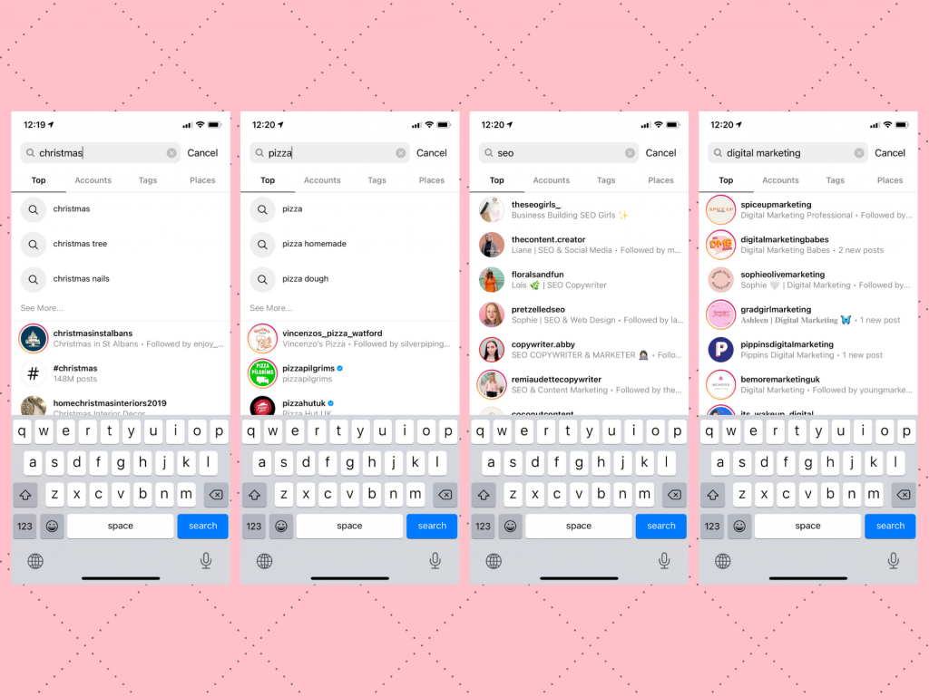 A set of screenshots showing the Instagram search results for different search terms. Some where keyword search is available and some where it is not.